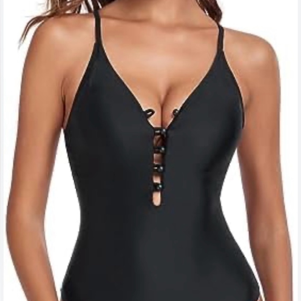 RELLECIGA Women's One Piece Button Up Swimsuit‎ Black Size Small